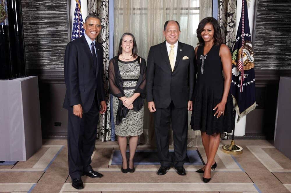 U.S. President Barack Obama, Costa Rican First Lady Mercedes Peñas, Costa Rican President Luis Guillermo Solís and U.S. first lady Michelle Obama meet for the first time during a reception hosted by Obama for world leaders at the Waldorf Astoria Hotel in New York on Sept. 23, 2014.