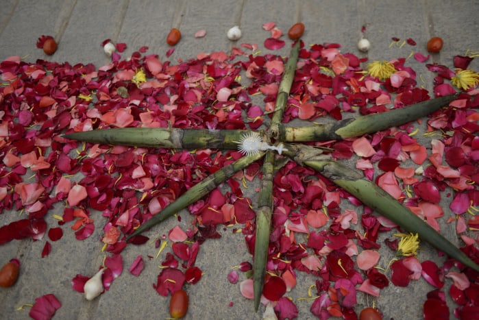 Detail of the flower carpet made for the traditional Palm Sunday procession on March 29, 2015 in San Pedro Sacatepéquez.