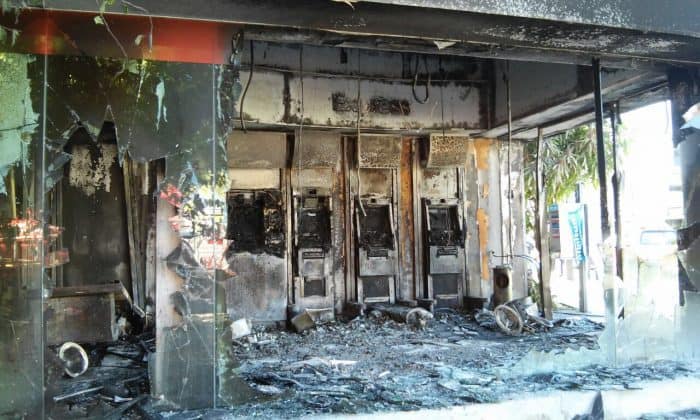 A burned bank branch in Puerto Vallarta, Jalisco, on May 1, 2015.