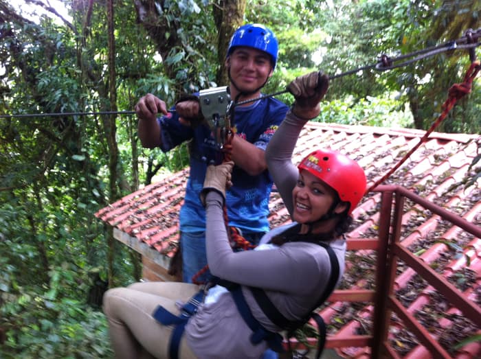 Camilla Leitner, 31, from Austria straps in for the zipline.