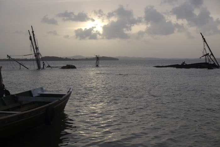 Old boats in the bay at El Bluff, Nicaragua.