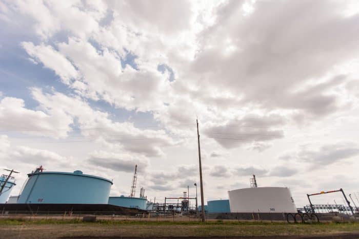 Several large Suncor storage tanks are pictured at the company's Canadian refinery in Edmonton.