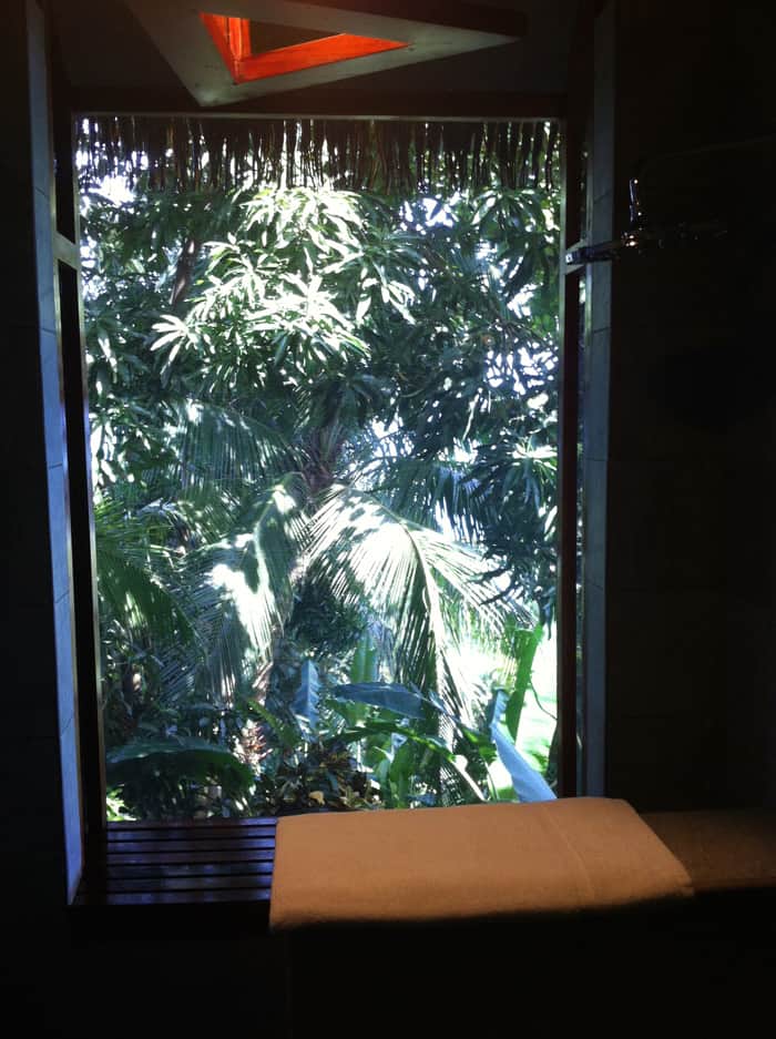 Indoor shower with screen wall.