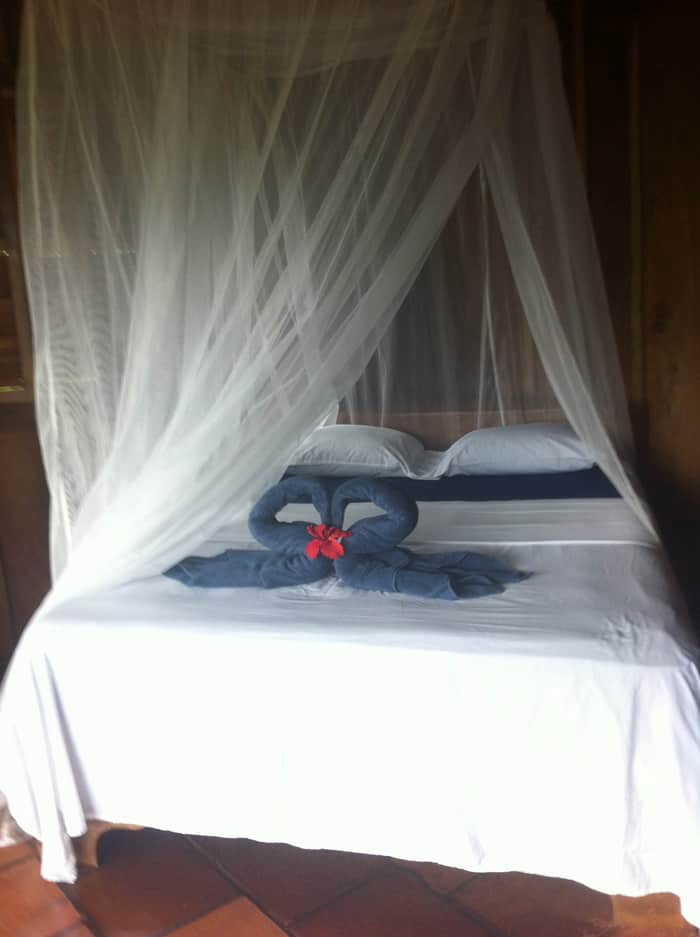 Swan towels on the bed.