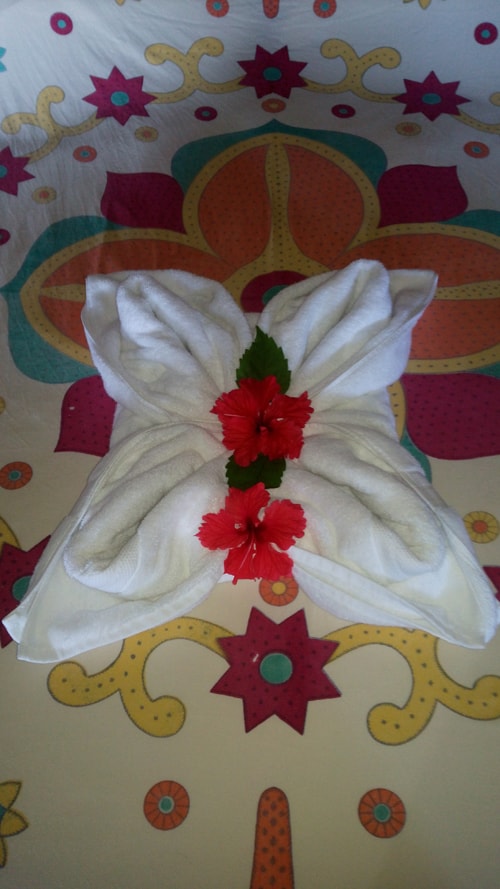 The towels on the bed.
