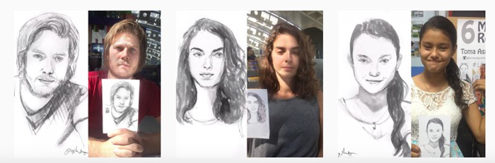 Portraits drawn at the airport.