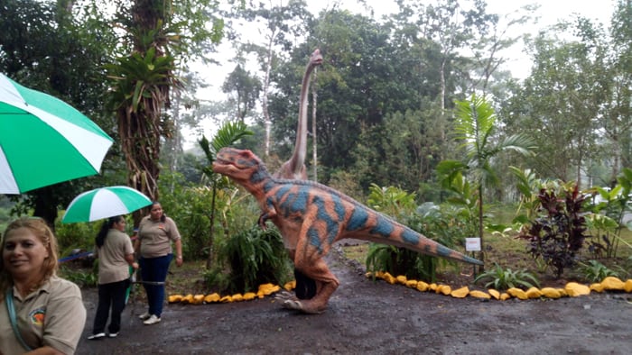 T. rex, brachiosaurus and Blue River Resort employees.