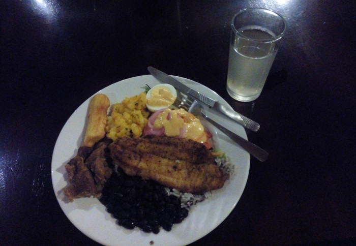 Rice and beans and fish: $16 dinner at Tirimbina.