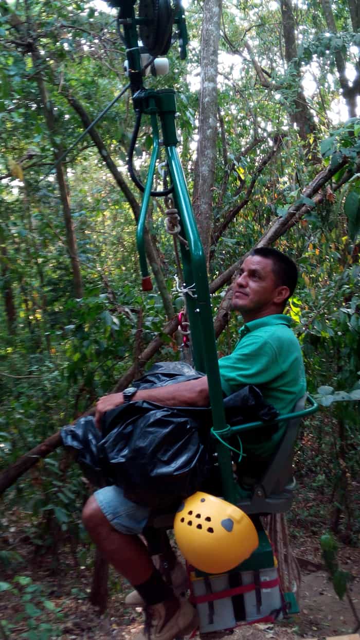 Pedro heads out to park the EcoTram at the next tree so that bandits don't steal the batteries at night.