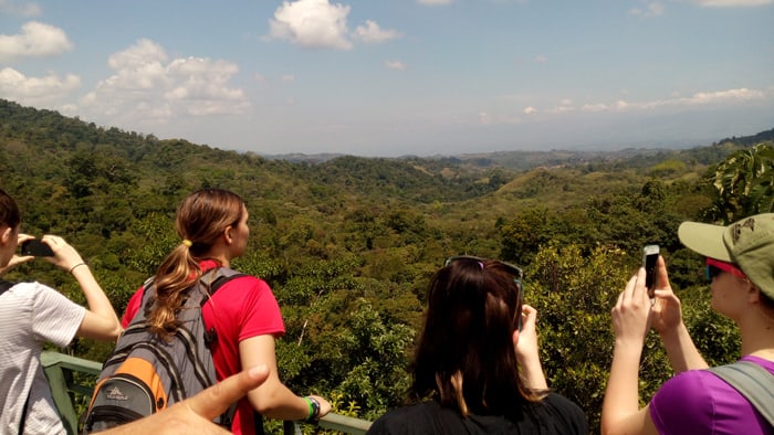 Students take in the view from the observation tower.