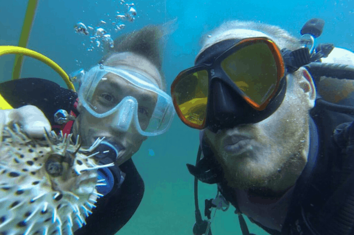 Damon with Mike and pufferfish.