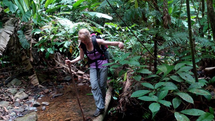 Cindy balances on a log.
