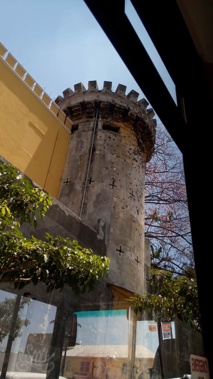 Bullet-riddled tower at the National Museum.