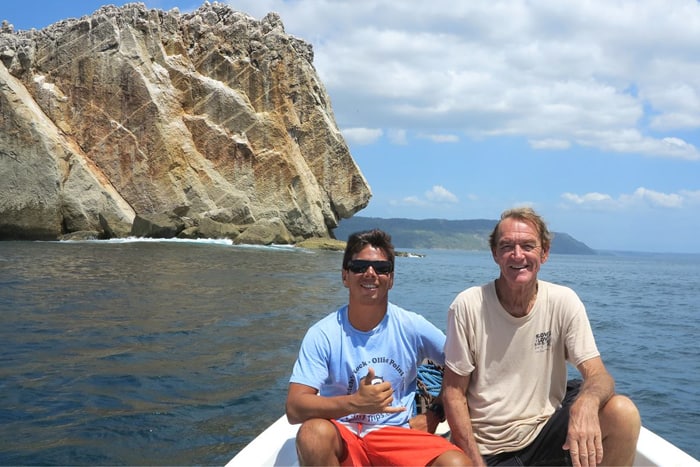 Mario Avendaño of La Bruja Surf Trips with the 70-year-old Robert August.