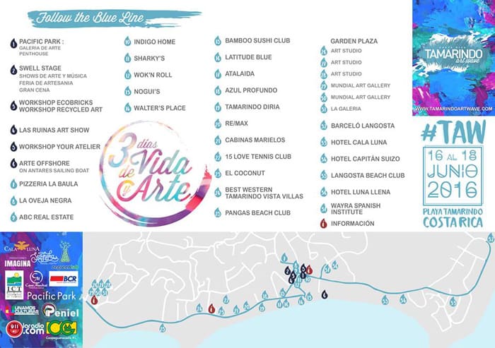 The "Blue Line" connecting the artwork at Tamarindo Art Wave.