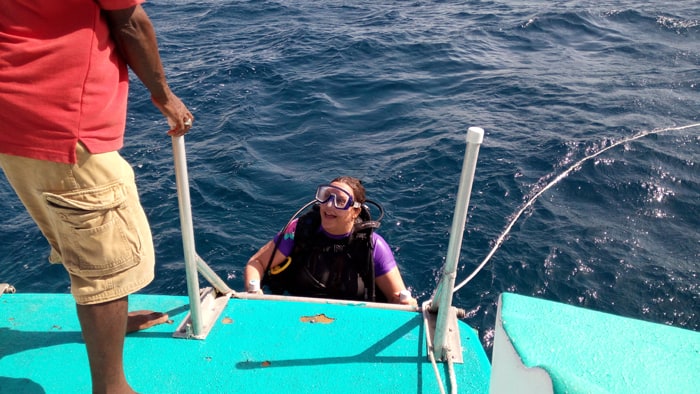 Kat returns from diving the Turquoise Wall.