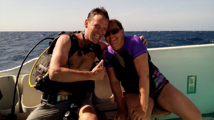 Mike and Kat after diving at the Turquoise Wall.