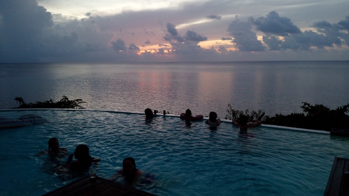 Taking in the sunset from the pool at our villa on Roatán.