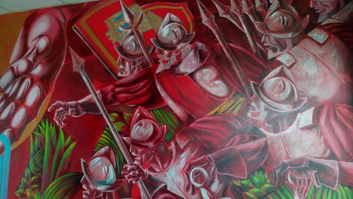 Detail of mural at the Municipal School of Integrated Arts depicting the Spanish conquest of Santa Ana.