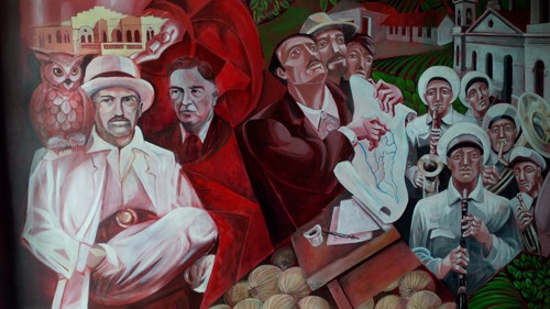 Detail of mural at the Municipal School of Integrated Arts depicting the early 20th century.
