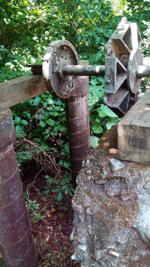 Axis of an old water-powered hydraulic wheel at the Santa Ana Conservation Center's Agricultural History Museum.