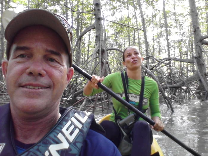 A kayaking selfie on Río Cañitas, with nature guide Mile.