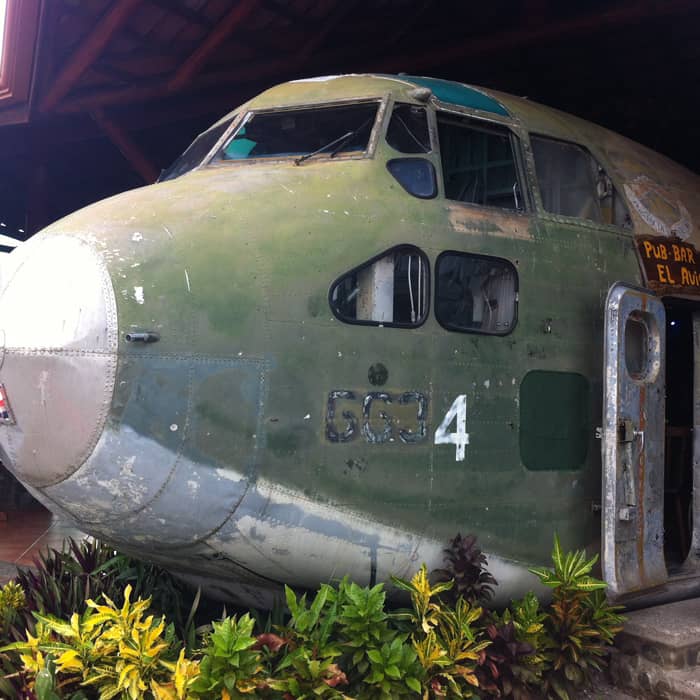 A 1955 Fairchild C-123 cargo plane once used by the U.S. to ship arms to the Nicaraguan contras is now the centerpiece of El Avión Restaurant.
