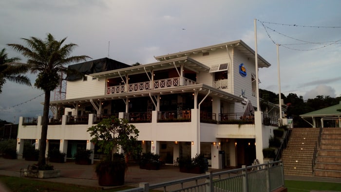 One of two twin restaurant buildings near the water, featuring Gabriella's and the Runaway Grill.