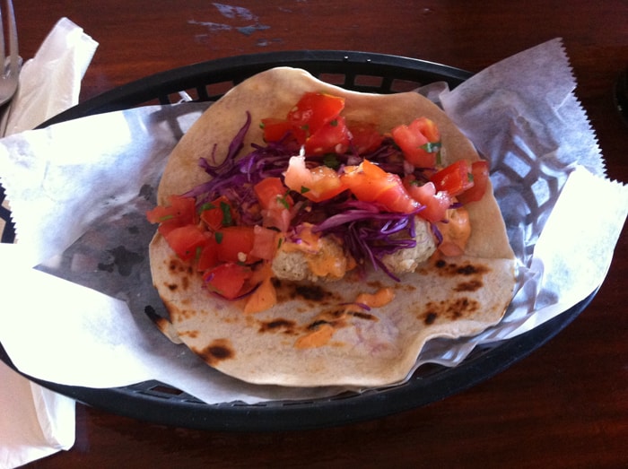Hot or not? Hot. Fish taco with Sriracha lime mayo.
