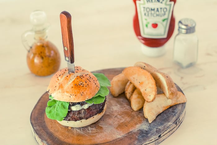 One of six hamburgers served here.