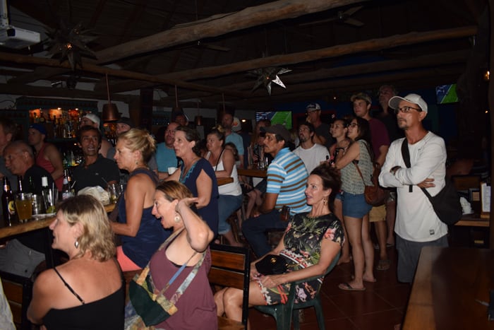 The crowd at El Chivo, glued to the Super Bowl.