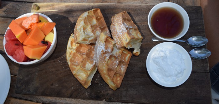Waffles and fruit.
