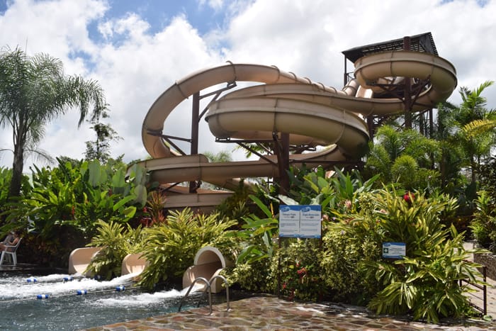 Take your pick: Three waterslides at Kalambu Hot Springs Water Park.