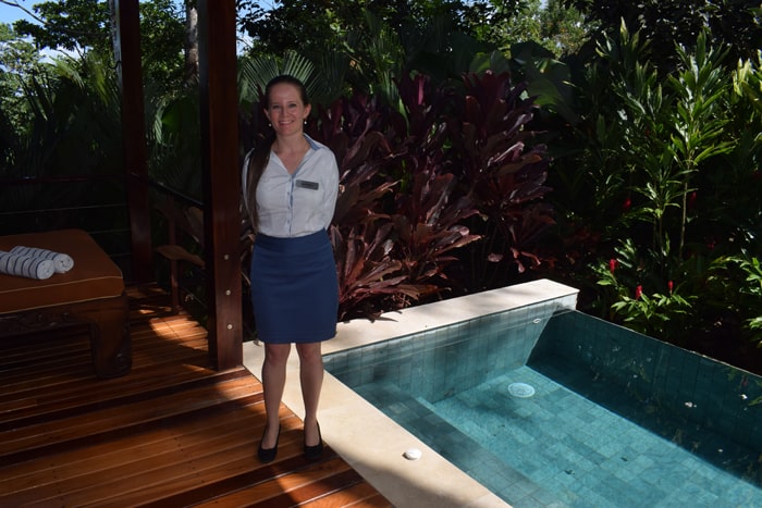 Guest relations manager Maricela Durán, our cheerful guide, on the patio of a villa at Nayara Springs, with private hot tub heated by Mother Earth.