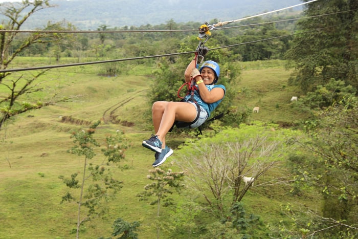 Guiselle, laughing to beat the fear, comes in for a landing.