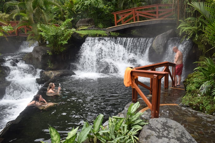 A hot waterfall and lounging pool.