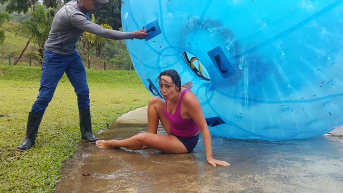 Whew — Guiselle ponders her hasty exit from the big blue ball.